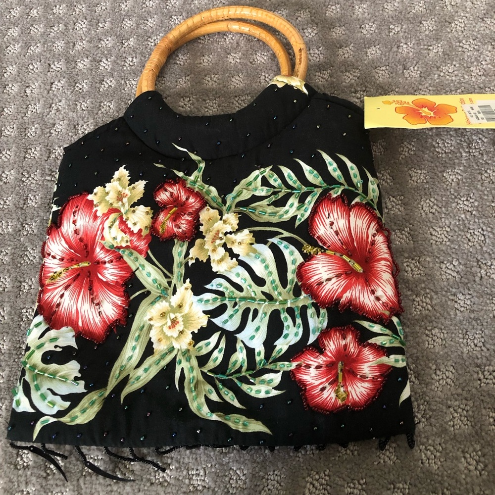 NWT Black Beaded Hibiscus Bag